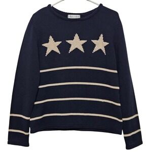 Y2K Casual Corner Navy Star Stripe Knit Sweater Coastal Nautical Old Money Large
